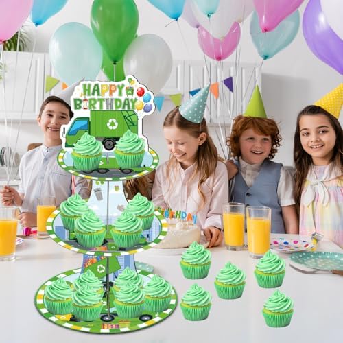 Keluna Trash Truck Birthday Decorations - 3 Tier Garbage Truck Cupcake Stand for Boys Birthday Party Table Decor, Trash Truck Party Supplies Dessert Cake Holder