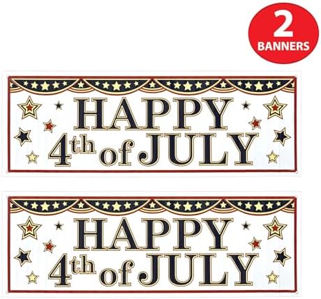 Beistle Happy 4th of July Sign Banners, 21” x 5’, 2 Pack – Summer Patriotic Holiday Welcoming Party Supplies with Stars, Independence Day Decorations for Indoors & Outdoors