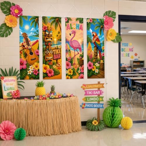 Cinrobiye 4 Pcs Hawaiian Luau Party Porch Sign Decorations, Tropical Aloha Door Banner with Tiki Flamingo Beach Design, Summer Party Hanging Backdrop for Tiki Bar, Birthday, Outdoor Indoor Events