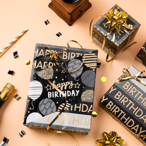 RUSPEPA Reversible Birthday Wrapping Paper Roll, Mini Roll, Black Gold Foil Happy Birthday Balloon & Stripe Text Design Gift Wrap Paper for Men, Boy, Adults, Party Celebration, 17.5 Inches x 9.8 Feet