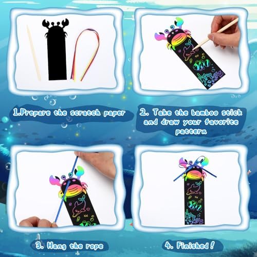 AUGSUN 96Pcs Ocean Animals Scratch Art Bookmarks Rainbow Scratch Bookmarks