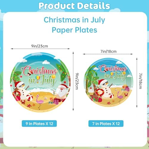 Litmitfu 24 Pcs Christmas in July Plates Set - Blue Summer Themed Paper Plate, Disposable Xmas Round Dinner Dessert Plates Tableware for Christmas in July Party Supplies Favors Table Decorations