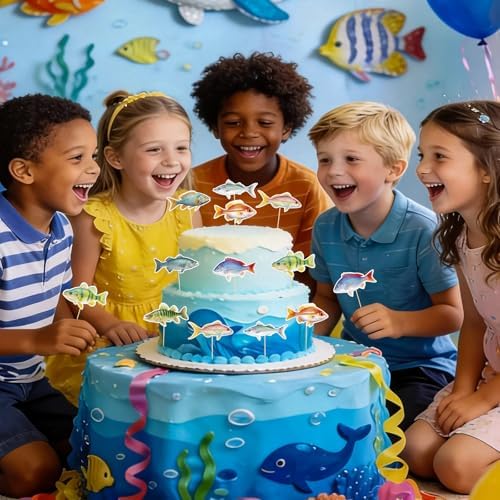 Hooqict 40Pcs Gone Fishing Cupcake Toppers Fish Birthday Cake Topper Decorations Cupcake Picks for Fishing Theme Party Decorations Baby Shower Summer Under The Sea Party Supplies