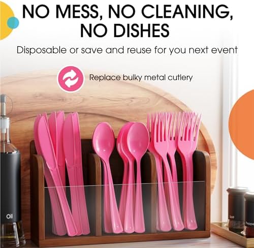 Party Solids Hot Pink Plastic Silverware 150 Pcs Hot Pink Cutlery Set