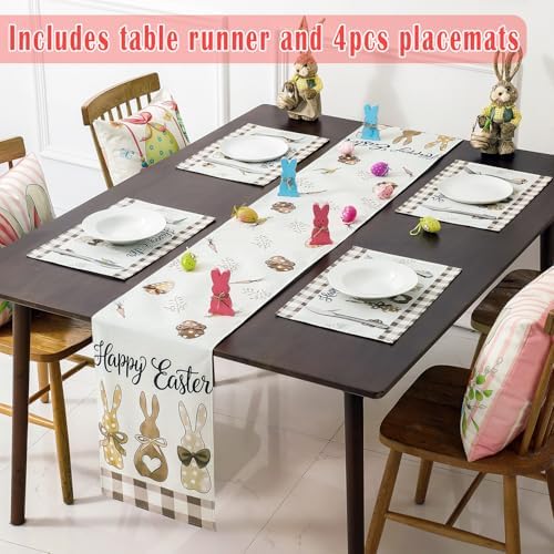 multiWins Easter Table Runner Set with 4 Table Mats & 4 Gift Bags, Carrots Bunny Happy Easter Spring Table Decor, 13x108 Inch Runner & 12"x18" Mats for Dining Kitchen Home Party Indoor Outdoor Decor