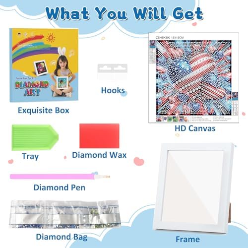 Patriotic Diamond Art Kits for Kids with Frame, American Flag Diamond Painting Kits for Kids Ages 4-8-12, 4th of July Easy Diamonds Gem Art Craft for Girl Boy, Gift Package for and Home Decor 7x7inch