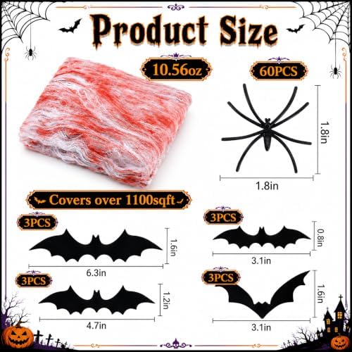 Watayo 1100 Sqft Bloody Super Stretch Cobwebs with 60 Fake Spiders 12 Bats