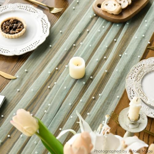 Artoid Mode 6-Pack Pearl Sage Green Gauze Table Runner 10FT Home Decor