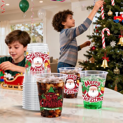 50 Pcs Christmas Party Cups, 12 oz Merry Christmas Clear Plastic Cups, Santa Claus Disposable Drinking Cup for Cold Beverage Ice Cream Snacks Xmas Winter Holiday Party Supplies