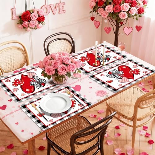 6 Set Valentine's Day Placemats, 11x16 Inch Buffalo Plaid Red Heart Plastic Placemats Seasonal Bow Tie Spring Holiday Table Mats for Wedding Party Festival Decor