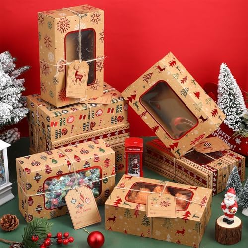 Cinnvoice 24 Pcs Christmas Cookie Boxes with Window Tags Strings,Classic