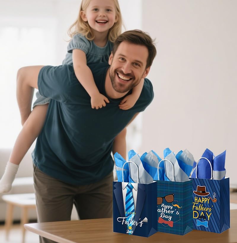 FCKLVMC 12 Pcs Fathers Day Gift Bags with Handle, Fathers Day Gift Bag with Decorative Paper for Men Father'S Day Birthday Party Decor Favor(8.27x6.3x3.15in)