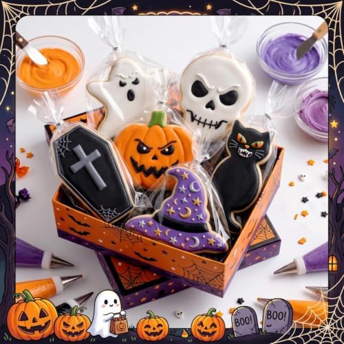 Halloween Cookie Cutters Set, HUINF 12Pcs Stainless Steel Cookie Cutters - Bat, Ghost, Pumpkin, Cat, Spider, Spider Web, Coffin, Witch's Hat, Skull, Tombstone Shapes for Halloween Baking