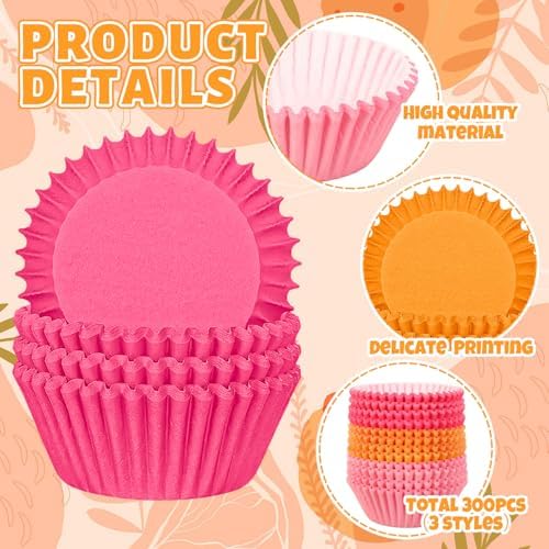 Whaline 300Pcs Orange Pink Cupcake Liners Paper Baking Cups Summer Standard Muffin Cupcake Wrappers for Party Supplies Table Decor