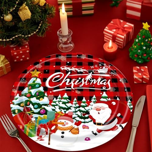 50 Count Red Christmas Paper Plates 9 Inch Xmas Dinner Plates Disposable Round Holiday Appetizer Plaid Plates for Santa Cake Snack Cocktail Birthday Merry Christmas Party Supplies Tableware
