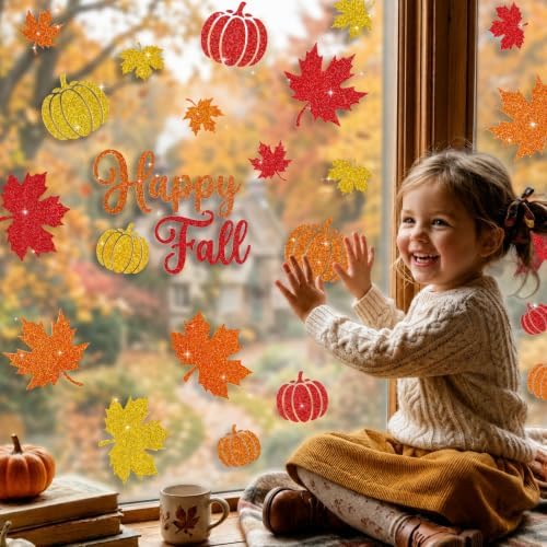 Glitter Fall Window Clings Autumn Thanksgiving Window Stickers Decals Decor