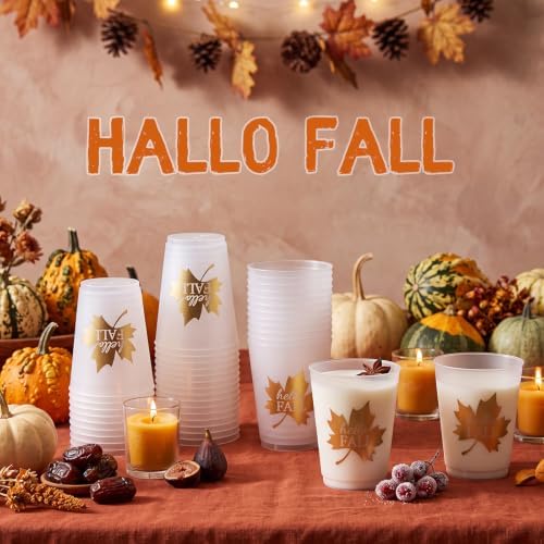 Tioncy 50 Pcs 16 oz Hello Fall Frosted Plastic Cups, Gold Autumn Plastic Cups, Fall Clear PP Frosted Reusable Cup Bulk for Autumn Party Decorations Hot Coffee Wine Cold Drinks Supplies