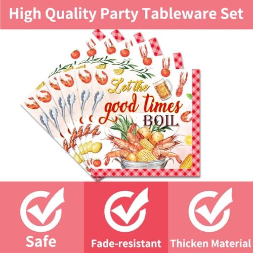 EUOYUFO 96Pcs Crawfish Boil Party Supplies Tableware Set Let The Good Times Boil Paper Plates Napkins Forks Lobster Seafood Boil Birthday Theme Party Supplies Serve 24 Guests