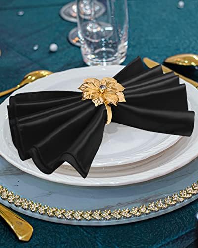 12 Pack Gold Napkin Rings and Cloth Napkins Set of 6, 17x17 Satin Cocktail Napkins Bulk Table Napkins Holder for Wedding Reception Personalized Napkins Bridal Shower for Party Decorative