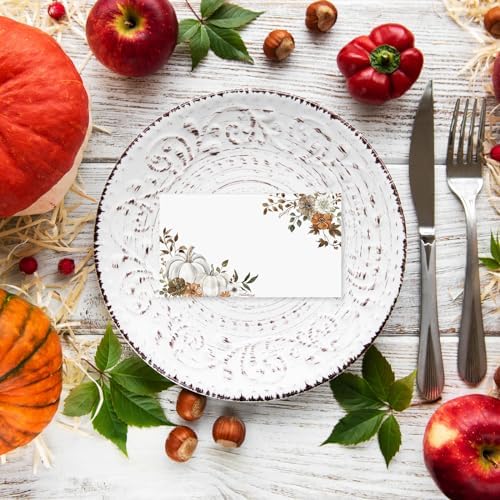 Whaline 50Pcs Fall Place Cards 2 x 3.5 Inch Watercolor Pumpkin Floral Tent Name Cards Autumn Blank Seat Assignment Labels for Thanksgiving Wedding Birthday Party Table Setting Supplies