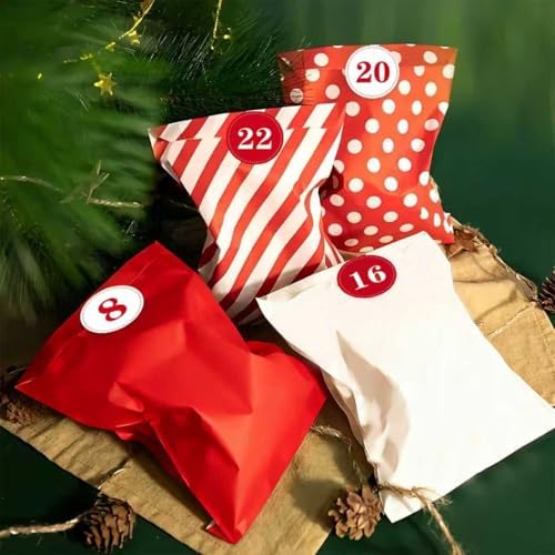 24 Pieces Advent Calendar Bags DIY Advent Calendars to Fill Christmas Kraft Treat Bags with 1-24 Countdown Numbers Stickers for Christmas Advent Calendar Countdown Decoration
