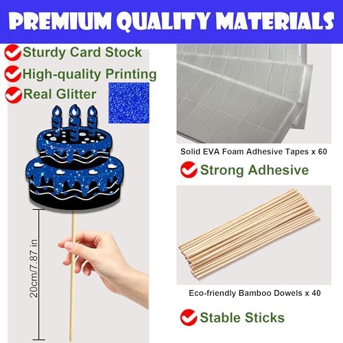 38 Pcs Birthday Photo Booth Props Kit with Frame, Happy Birthday Party Favors Supplies Bday Party Decorations Set for Girls Women Really Glitter Selfie Paper Party Supplies (Blue)