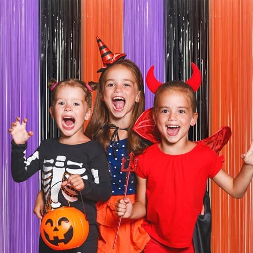 3 Pack Halloween Foil Fringe Curtains - 3.2ft x 6.6ft Black Purple Orange Foil Fringe Curtains Photo Booth Backdrop for Halloween & Birthday Party (Style B)
