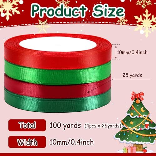 DECYOOL 4 Rolls Christmas Red and Green Satin Ribbon for Gift Wrapping 10mm