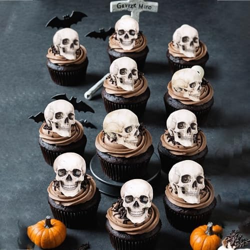 60 PCS Edible Halloween Skull Cupcake Toppers Wafer Paper Horror Skull Cupcake Picks Edible Death Head Skeleton Cupcake Decorations for Halloween Baby Shower Birthday Party Cake Decorations Supplies