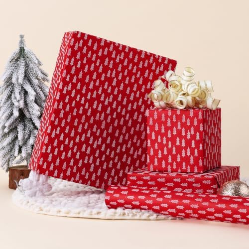 LaRibbons 3D Foam Kraft Christmas Wrapping Paper, Red Tree Textured Design