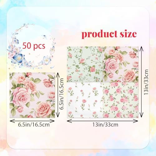 50Pcs Vintage Rose Paper Napkins -2Ply, 6.5×6.5 Inches