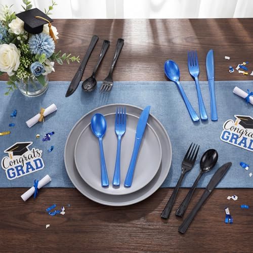 Minatee 180 Pcs Black and Blue Graduation Plastic Silverware Heavy Duty Cutlery Sets Disposable Utensils for Holiday Birthday Themed Party Supplies, 60 of Each Forks Knives Spoons