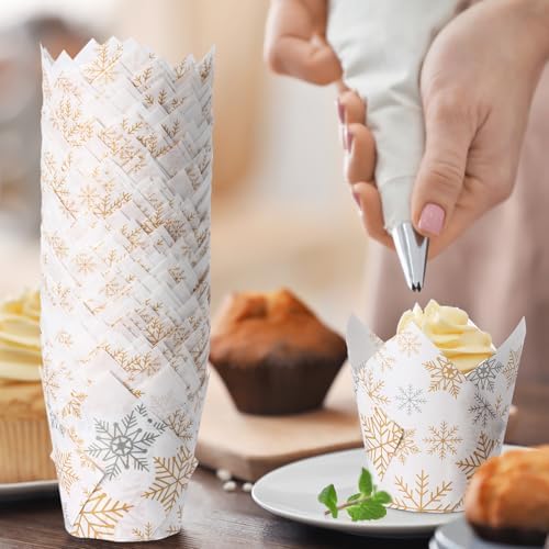 Maxdot 200 Pcs Winter Snowflake Tulip Cupcake Liners for Baking Silver Gold Snowflake Paper Muffin Baking Cups Christmas Tulip Muffin Liners Wrappers for Xmas Winter Birthday Party Supplies