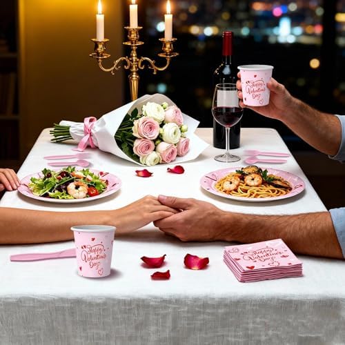 168 Pcs Valentine's Day Tableware Set - Serves 24, Heart & Love-Themed Disposable Paper Plates, Cups, Napkins, Forks, Spoons, Knives for Valentines Day Party, Wedding,Bridal Shower,Holiday Gatherings