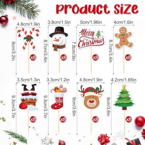 NEBURORA 64 Pieces Christmas Cupcake Toppers Santa Snowmen Cake Picks Merry Christmas Toothpick Flags for Party Decorations Supplies