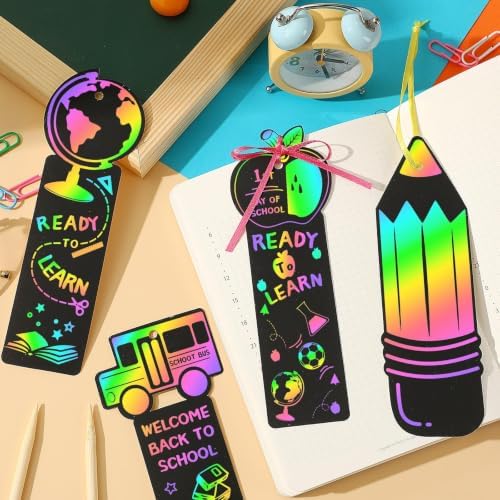 JUNEBRUSHS 30Pcs Welcome Back to School Scratch Bookmarks Rainbow Scratch
