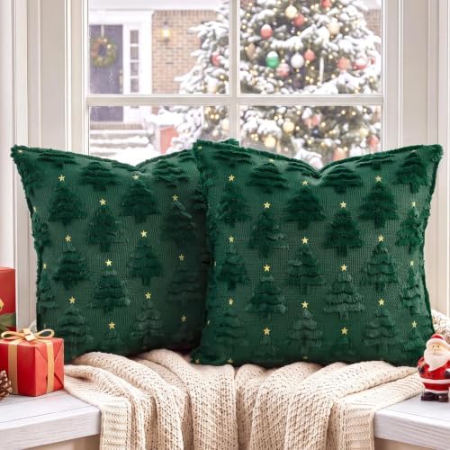 Softalker Christmas Pillow Covers 18x18 Set of 2, Green Xmas Tree Decor