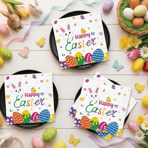 50 Pcs Happy Easter Napkins Disposable, 13 Inch Spring Bunny Napkins, 3-Ply Cute Easter Eggs Rabbit Flower Dinner Cocktail Paper Towels for Easters Party Supplies Table Decorations Favors