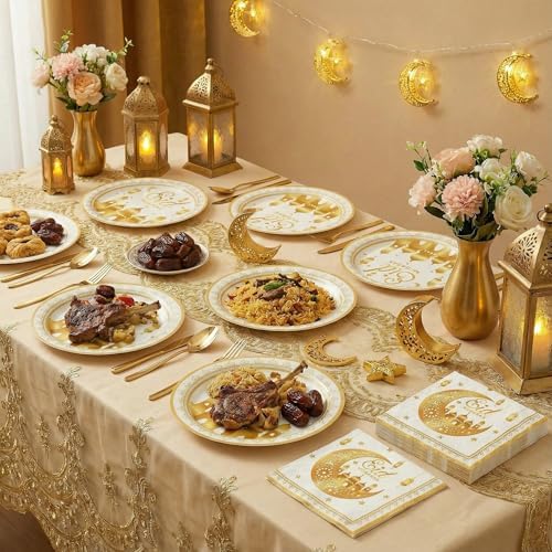 Dereinwo 50 Pcs Ramadan Eid Mubarak Paper Plates and Napkins Set