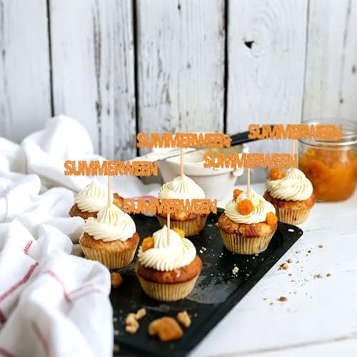 24Pcs Glitter Orange Summerween Cupcake Toppers Happy Summerween Birthday Cupcake Picks for Summer Halloween Birthday Cupcake Decorations Summer Holiday Party Decorations
