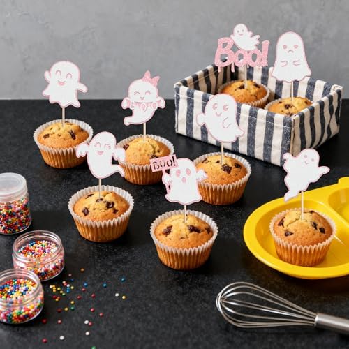 24 PCS Ghost Boo Cupcake Toppers Glitter Halloween Ghost Cupcake Picks Little Boo Cupacke Decorations for Halloween Theme Baby Shower Kids Girl Birthday Spooky Party Cake Decorations Supplies Pink