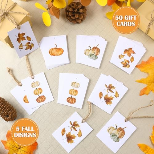 Tenceur 50 Set Fall Pumpkin Gift Tags with Strings, Thanksgiving Label