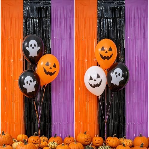 2 Pack Halloween Backdrop Orange Black Purple Foil Fringe Curtains.