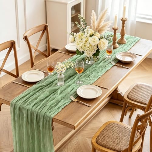 6Pcs Sage Green Cheesecloth Table Runner, 10FT Rustic Green Boho Gauze Table Runner for Spring Easter Woodland Safari Baby Shower Bridal Shower Wedding Tea Party Birthday Decorations