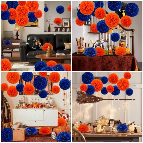 Recosis Blue Orange Party Decorations, 18 Pcs Paper Pom Poms Decorations