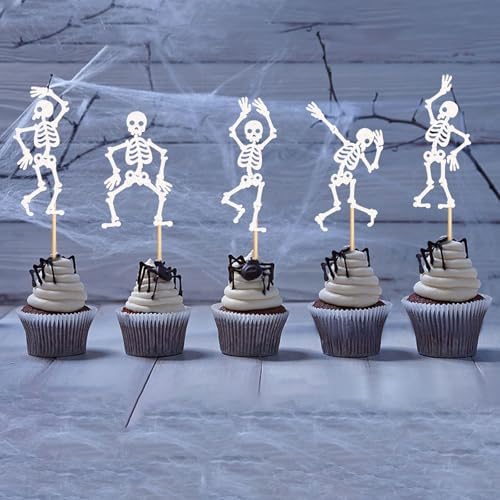 25Pcs Glitter White Skeleton Cupcake Toppers Dancing Skeleton Cupcake Picks for Halloween Party Decorations Halloween Boys Girls Goth Birthday Goth Bridal Shower Wedding Cake Cupcake Decorations