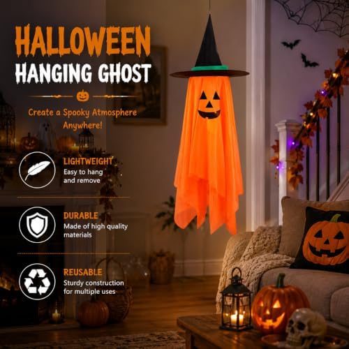 Halloween Decorations Ghost Hanging Ornaments: 39.4 Inch Foldable Cloth Witch Hat Ghost Decor With Lanyards - Reusable Hanging Halloween for Tree Porch Yard and Ceiling Wall Home