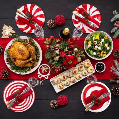 Fourluoo 96 Pcs Christmas Candy Paper Plates 7 Inch Christmas Disposable Peppermint Dinner Plates for Xmas Birthday Party Table Decoration Supplies