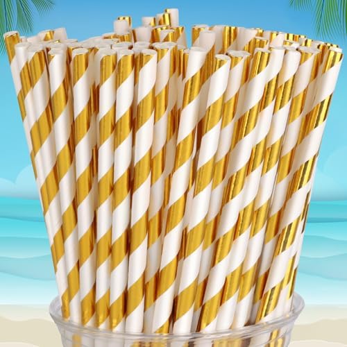 100 Packs Gold Biodegradable Striped Paper Straws, Disposable Drinking Straws for Birthday Carnival Summer Pool Party Wedding Baby Shower Halloween Christmas Party Decoration Supplies