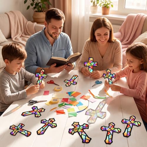 Renbuzhu 48PCS Sunday School VBS Crafts Bulk: Paper Cross Nativity Suncatchers, Jesus Religious Christian Activity DIY Kits Church Decorations, Window Stained Glass Effect Art Supplies